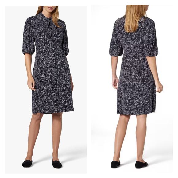 LK BENNET Tillila Silk Star Print Tea Dress Women 4 Navy Blue Beige Puff Sleeve - Picture 1 of 16